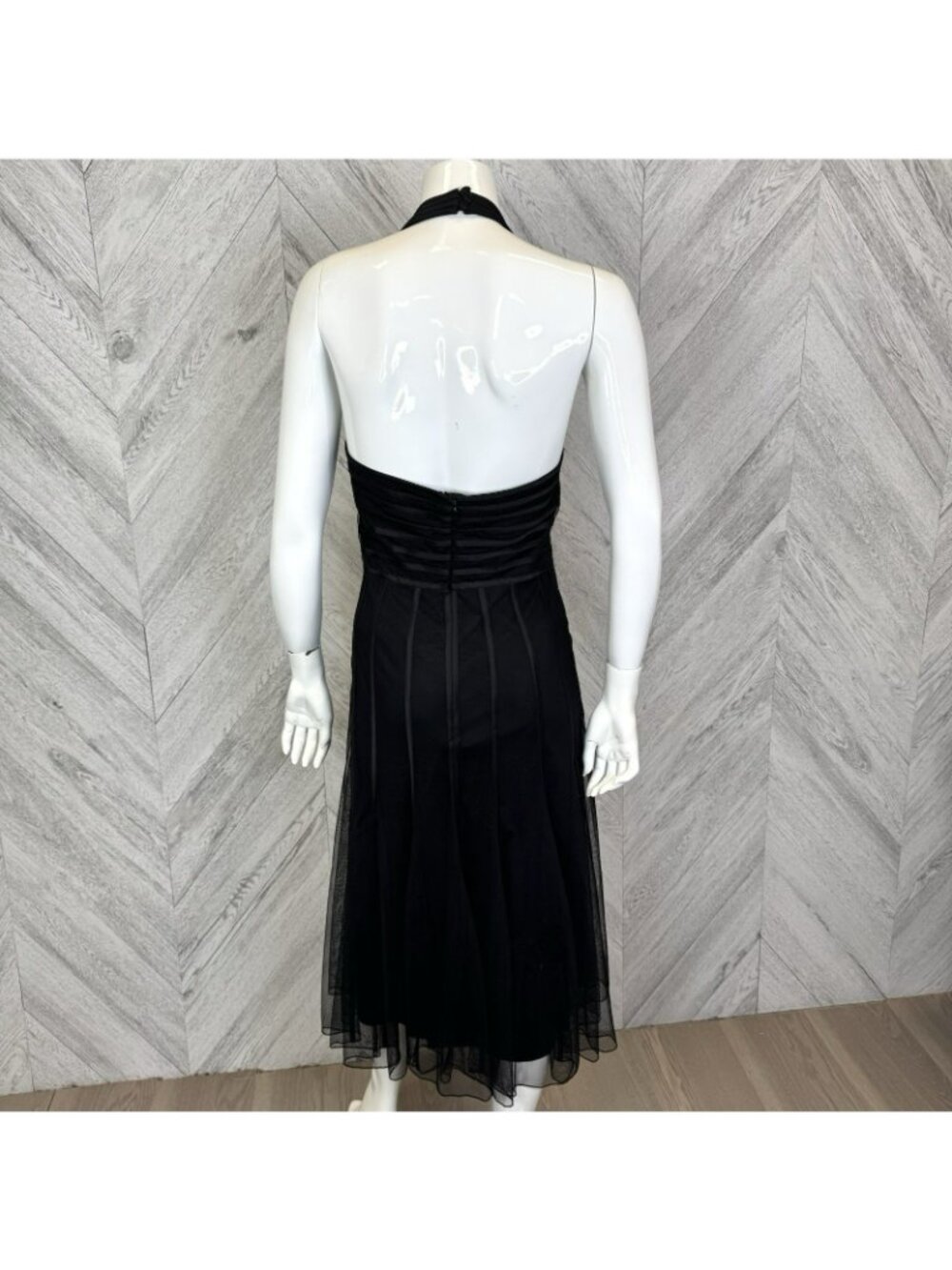 Vintage Y2K Halter Cocktail Dress Womens Size 12 Black Mesh Overlay Midi Empire - Picture 4 of 6